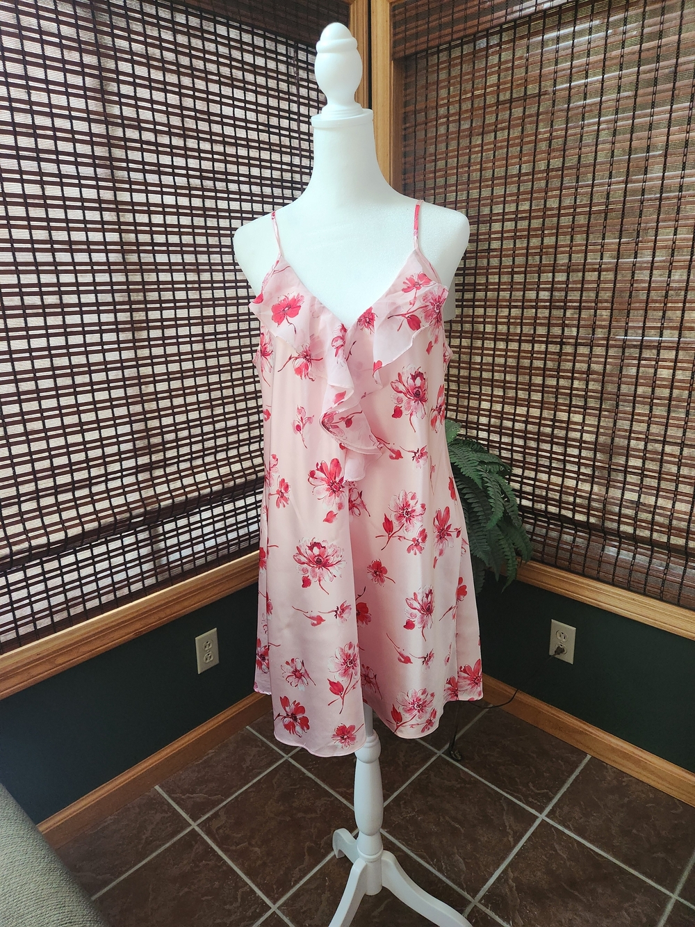 Vintage Pink Floral Ruffle Slip Dress - Women's Chemise
